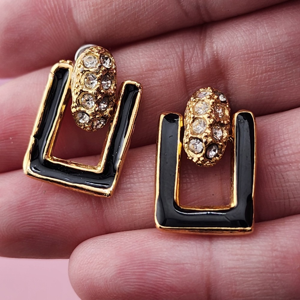 Black Enamel Rhinestone Earrings Gold Tone Geometric Door Knocker Statement